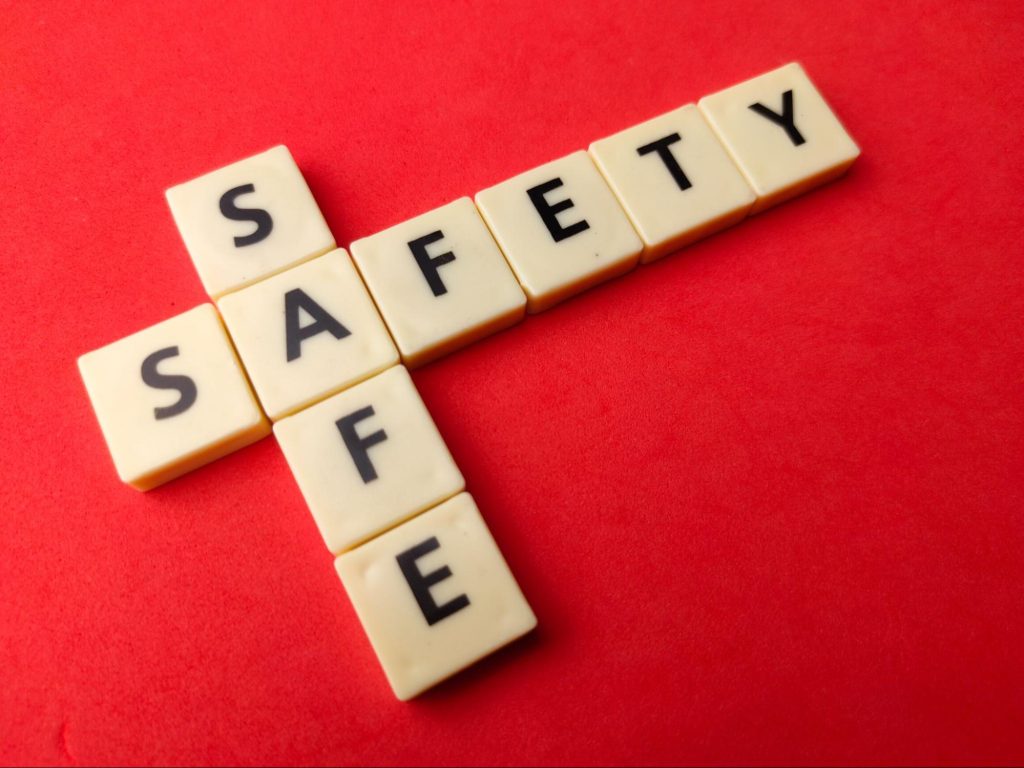 Word tiles that read “safe” and “safety.”