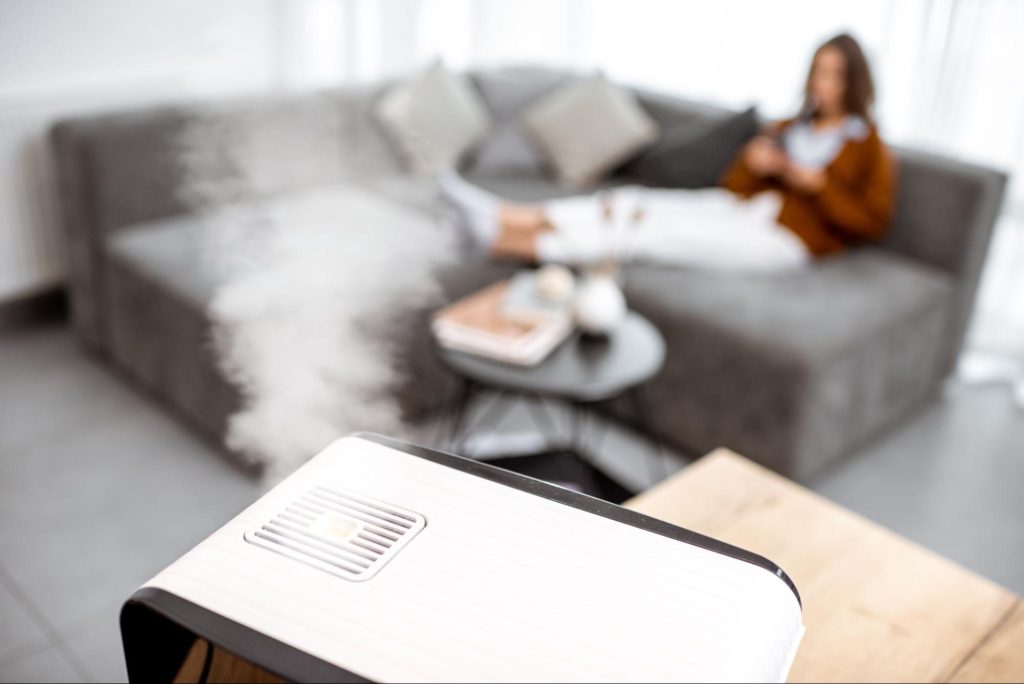 A close-up of a working air humidifier at home with a woman sitting on a couch in the blurred background.