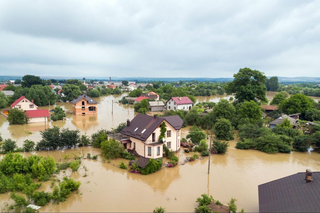 Overhead view of homes during a flood.