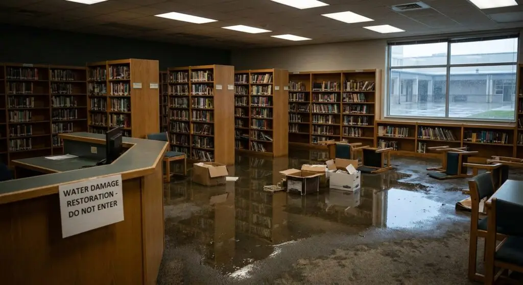 A wide shot of a school library with extensive water damage. Several inches of standing water cover the floor, reflecting the overhead lights and tall wooden bookshelves filled with books. In the foreground, a wooden desk has a white sign taped to it that reads, "WATER DAMAGE RESTORATION - DO NOT ENTER." In the middle of the flooded room, several cardboard boxes and overturned blue chairs sit in the water. A large window in the background shows a rainy outdoor courtyard.