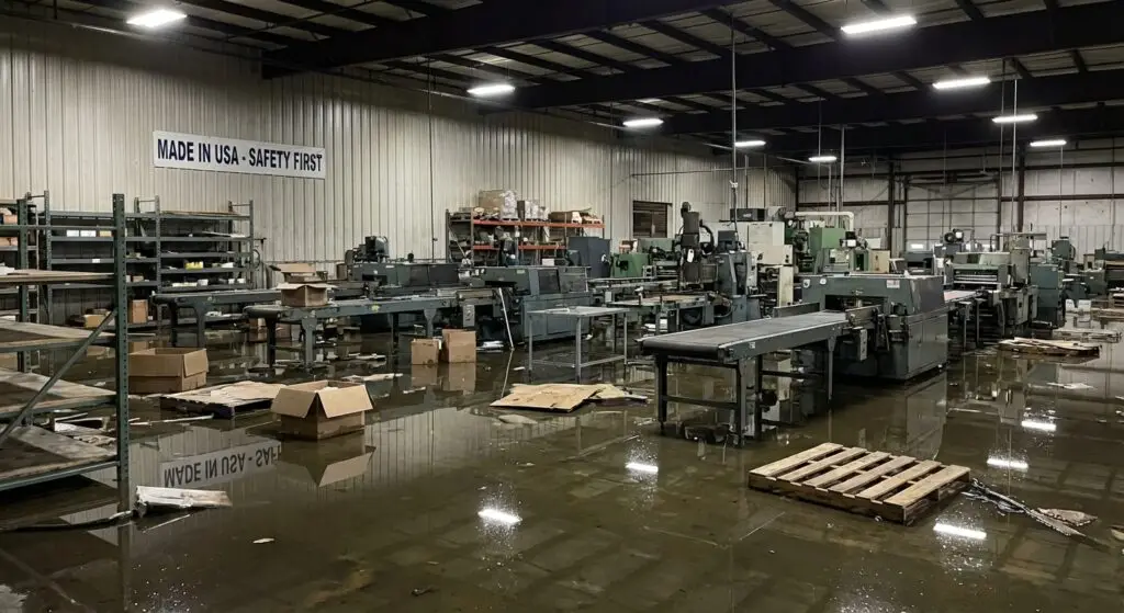 Standing water flooding a manufacturing plant floor with machinery, conveyor belts, and "Safety First" signage, illustrating the need for industrial water damage restoration.