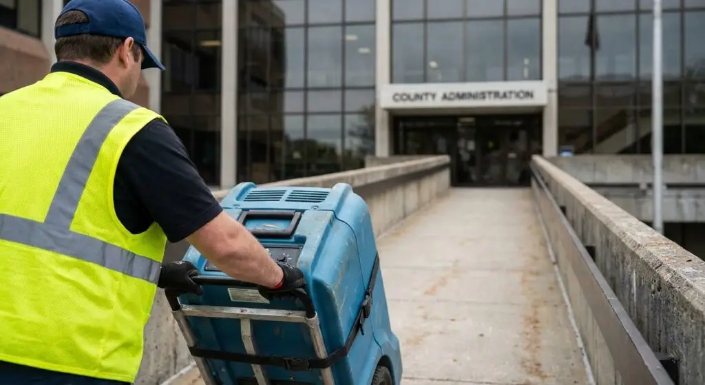 Uniformed restoration technician rolling a large commercial dehumidifier up a concrete ramp at a secure government building.