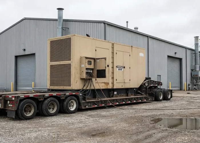 A heavy-duty industrial generator and desiccant dehumidifier unit on a flatbed trailer parked outside a metal manufacturing warehouse for emergency flood recovery.