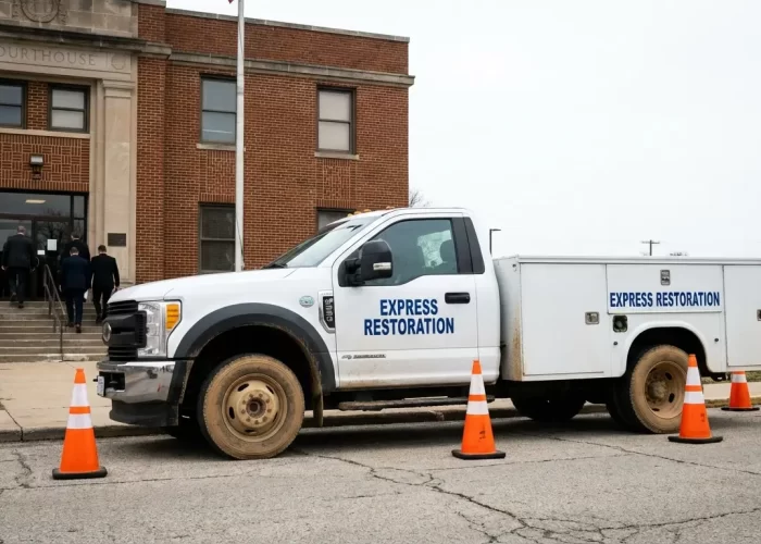 Express Restoration emergency response truck parked outside an Oklahoma county courthouse for flood mitigation services.