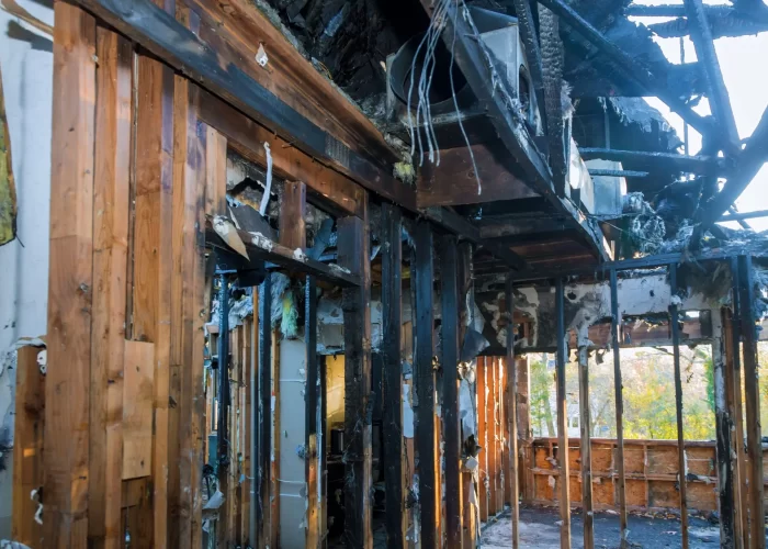 Ruins of house room apartment after a fire charred wooden walls