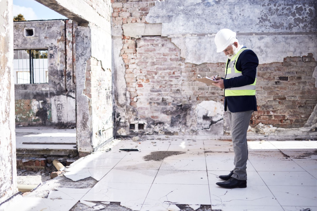 A certified assessor inspects the interior damage to plan home restoration work.