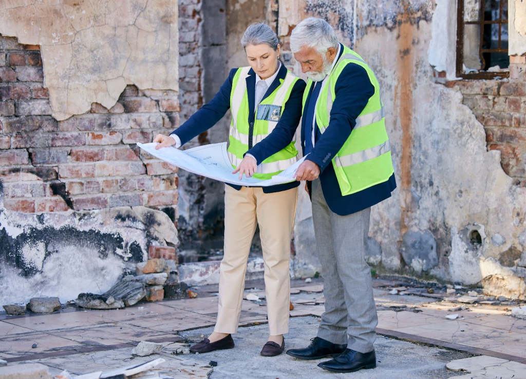 Two inspectors review the blueprints at a damaged property site during home restoration planning.