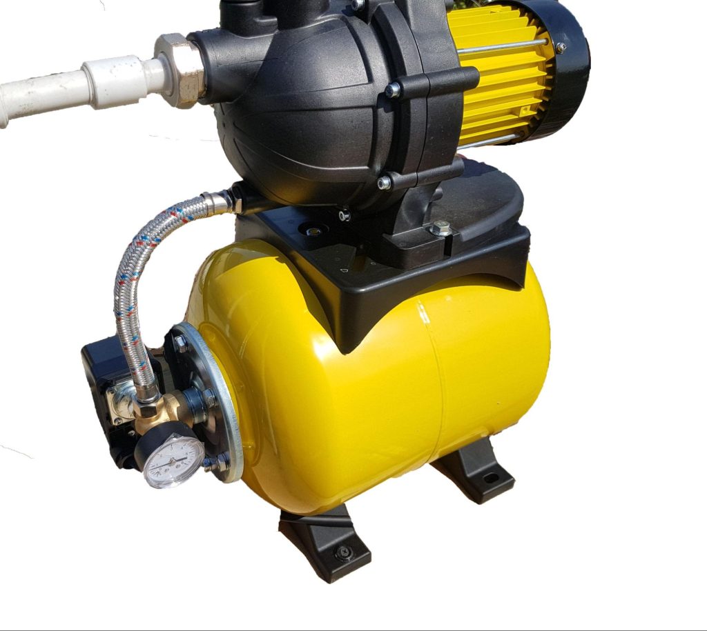 Yellow water pump rental equipment against a white background.
